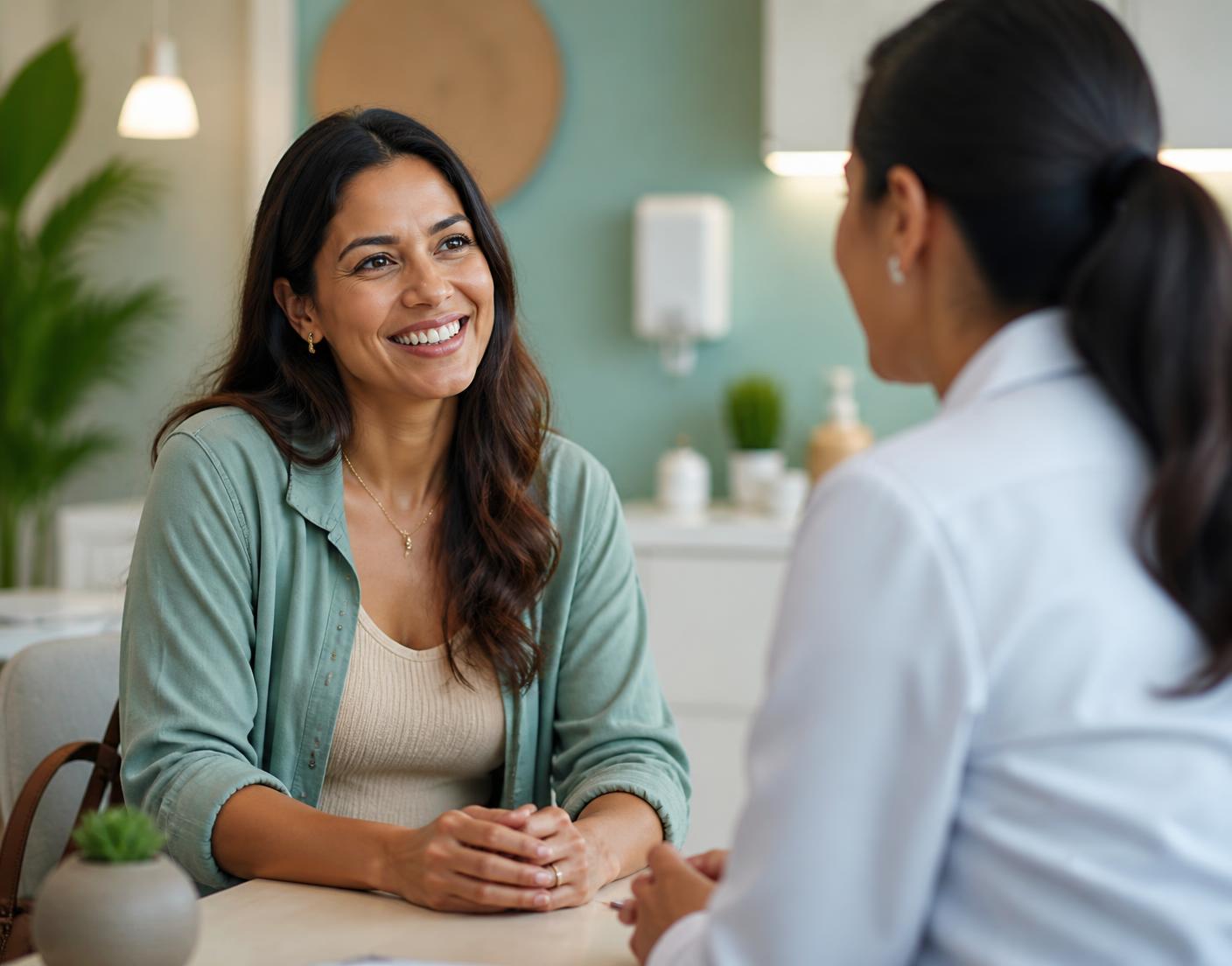 Paciente conversando com profissional de saúde em consultório
