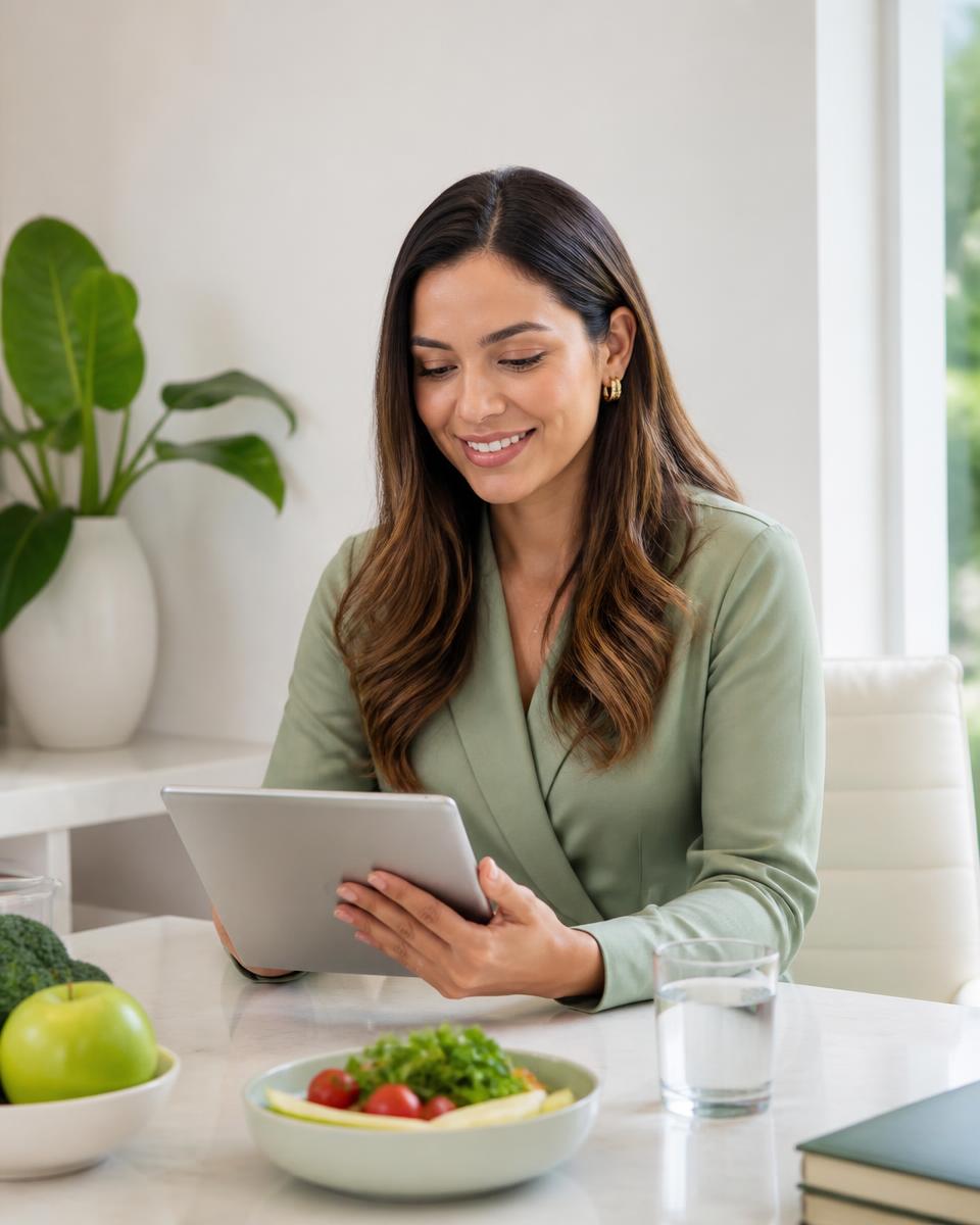 Nutricionista usando tablet em um consultório iluminado